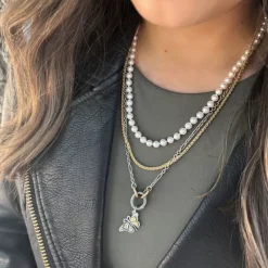 James Avery Artisan Jewelry Charm Holder-Butterfly Charm with Pearl Necklace and Spiga Chain to Layer